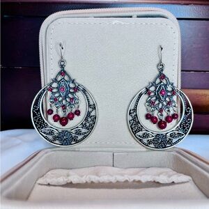 Chandelier Silver-Tone Boho Filigree Earrings with Garnet Red Beads